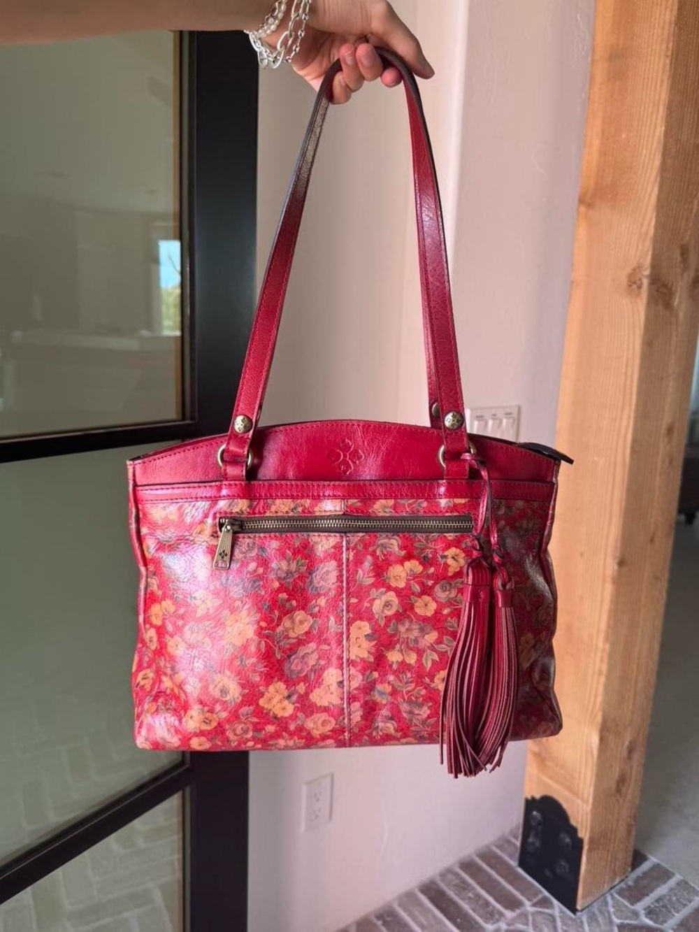 Patricia Nash Red Floral Poppy Leather Tote Bag with Tassel